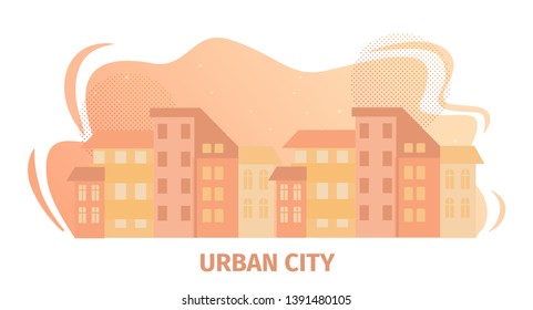 Urban City Horizontal Banner with Cityscape View. Town Architecture Skyline on White Background, Modern Megapolis Buildings Exterior in Orange and Yellow Palette. Cartoon Flat Vector Illustration