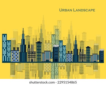 Urban city illustration. Towers and buildings in modern flat style on yellow background. 