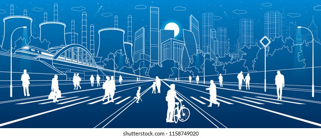 Urban City Infrastructure Illustration. People walking at street. Modern town. Train move on bridge. Illuminated highway. Factory thermal power plant. White lines on blue background. Vector design art
