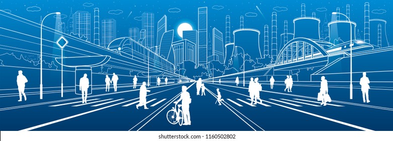 Urban City Infrastructure Illustration. People walking at street. Modern town. Train move on bridge. Illuminated highway. Factory thermal power plant. Monorail road. Vector design art