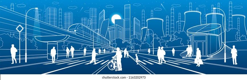 Urban City Infrastructure Illustration. People walking at street. Modern town architecture. Train move on bridge. Illuminated highway. Factory thermal power plant. Monorail road. Vector design art