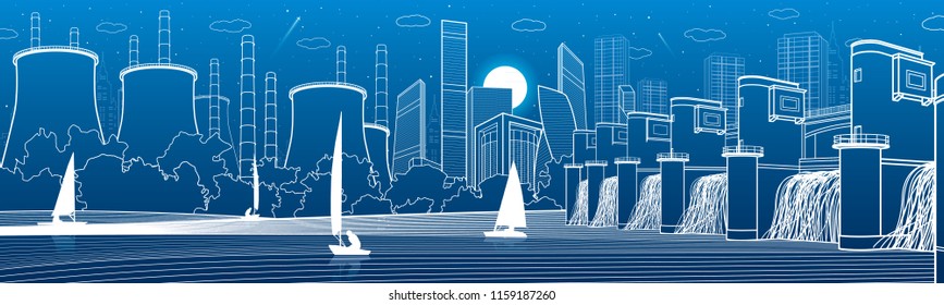 Urban City Infrastructure panoramic. Hydroelectric power station at river. Modern town.  Factory thermal power plant. Yachts on the water. White lines on blue background. Vector design art