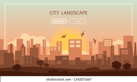 Urban city landscape in flat style. Vector illustration with high skyscrapers and parks. Morning in town. Birds flying over houses near sun and clouds.