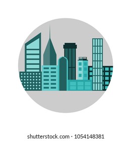 Urban city landscape flat vector illustration. Modern cityscape symbol. Metropolis buildings silhouettes on grey background. High skyscrapers and houses icon. Big busy city skyline. Business town logo