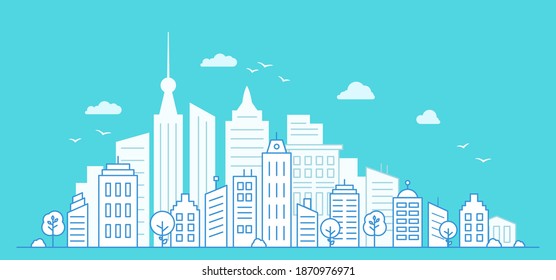 Urban city landscape with high skyscrapers. Thin line City landscape on blue background. White paper houses. Vector illustration.