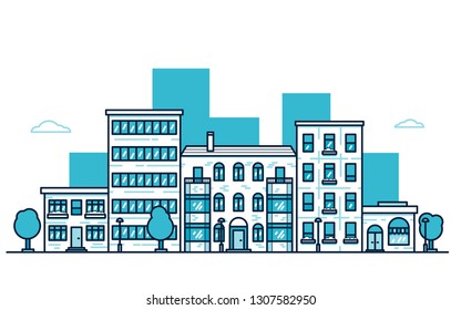 Urban City landscape with horizontal city street panorama. Cityscape of neighborhood with residential houses, shops, trees and street lamps. Flat style bright color vector illustration.