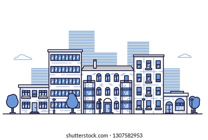 Urban City landscape with horizontal city street panorama. Cityscape of neighborhood with residential houses, shops, trees and street lamps. Flat style bright color vector illustration.