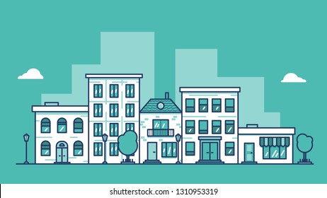 Urban City landscape with horizontal city street panorama. Cityscape of neighborhood with residential houses, shops, trees and street lamps. Flat style bright color vector illustration.