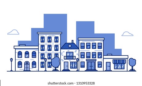 Urban City landscape with horizontal city street panorama. Cityscape of neighborhood with residential houses, shops, trees and street lamps. Flat style bright color vector illustration.