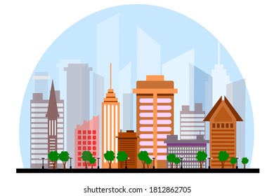 Urban city landscape with large modern buildings, street, street-lamps and trees with blue sky. Cityscape concept vector illustration.