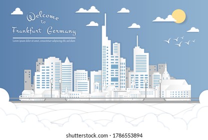 Urban city landscape in papercut style illustration of Skyline Frankfurt city. Cityscape vector background with views of skyscrapers and landmark Frankfurt Germany. Business Travel and Tourism Concept