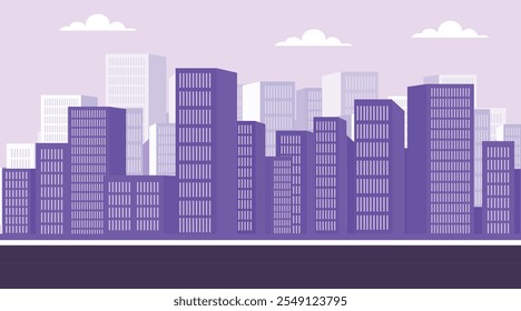 urban city landscape with city road and clouds in the sky. flat style vector illustration