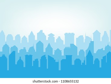 Urban city lanscape shadow in flat style blue tone, panoramic view of sky line, sky scrapers