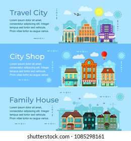 Urban city life. Landscape town with horizontal set isolated vector illustration