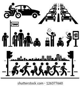 Urban City Life Metropolitan Hectic Street Traffic Busy Rush Hour People Man Stick Figure Pictogram Icon