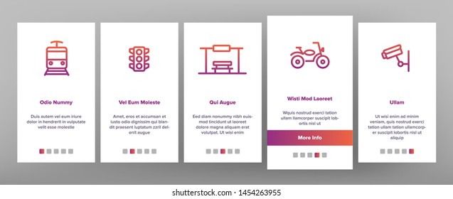 Urban, City Life Onboarding Mobile App Page Screen. Urban Architecture, Transportation, Industry Illustrations. Municipal Government Buildings. City Traffic, Road Safety, CCTV Monitoring Pictograms