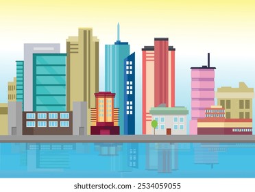 urban city located on the edge of the river, with tall buildings. with a morning background of yellow, white and blue