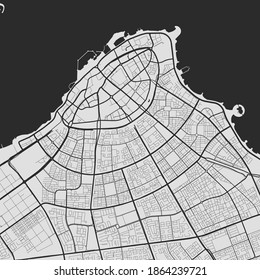 Urban city map of El Kuwait city. Vector illustration, Kuwait map grayscale art poster. Street map image with roads, metropolitan city area view.