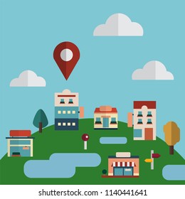 Urban city map with house, buildings and GPS pointer in flat vector illustration