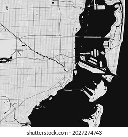 Mapa urbano de Miami. Ilustración vectorial, afiche de arte en escala de grises de Miami. Imagen de mapa de calles con carreteras, vista del área metropolitana de la ciudad.