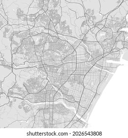 Mapa urbano de Sendai. Ilustración vectorial, afiche artístico en escala de grises del mapa de Sendai. Imagen de mapa de calles con carreteras, vista del área metropolitana de la ciudad.