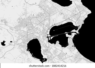 Urban city map of Tunis. Vector illustration, Tunis map grayscale art poster. Street map image with roads, metropolitan city area view.