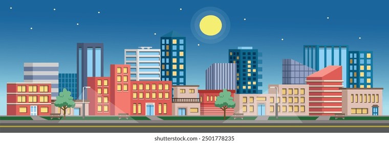 Urbane Stadt bei Nacht, Vektorkunst. Gebäudedarstellung. Nachtstadtbild mit Mondlichtblick. Nachtstadt-Illustration.