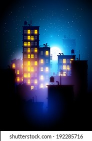 Urban City At Night. Vector illustration of apartment blocks in a city at night.