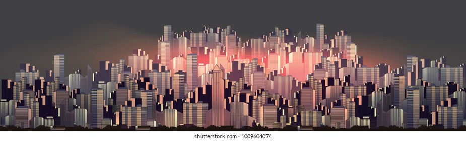 Urban City Nightscape Panorama - Vector Illustration