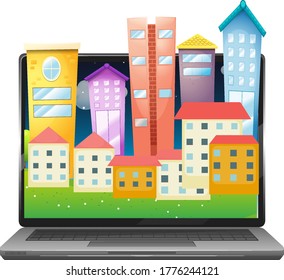 Urban city on computer screen desktop illustration