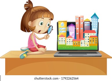 Urban city on computer screen desktop illustration