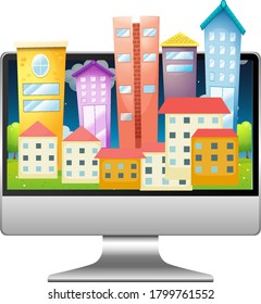 Urban city on computer screen desktop illustration