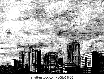 Urban City Panorama With High Buildings And Clouded Sky. Black And White Dashed Style Sketch, Drawing With Pen And Ink.