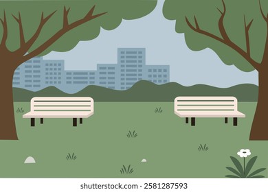 Urban city park. City park background. Simple parks illustration. Park bench. Park chair. Picnic place. Holiday place. summer. Spring time. 