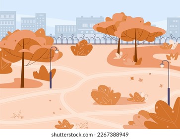 El paisaje de los parques urbanos. Zona de paseo al aire libre en el barrio, zona de descanso urbana moderna. Jardín vacío, ubicación de relajación vectorial