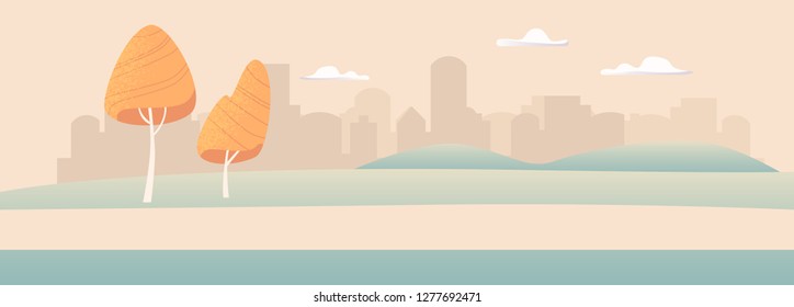 Urban City Park Landscape Panorama Tree View. Town Nature Background. Public Playground Outdoor Street. Modern Downtown Scenery Flat Cartoon Vector Illustration