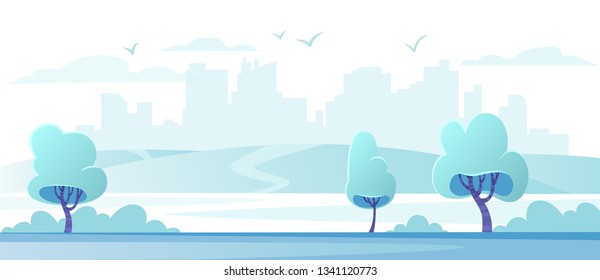 Urban city park landscape panorama. Nature background. Public playground outdoor street. Modern downtown scenery. Flat, cartoon, vector illustration.