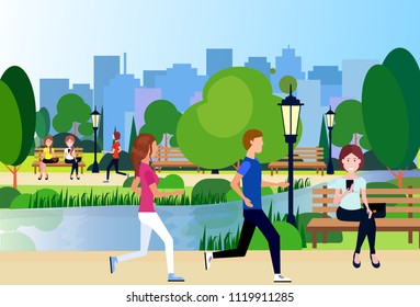 urban city park outdoors man woman running wooden bench street lamp river green lawn trees on city buildings template background flat vector illustration