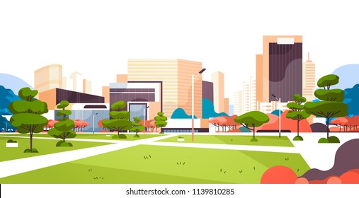 urban city park skyscraper buildings view modern cityscape downtown flat horizontal vector illustration