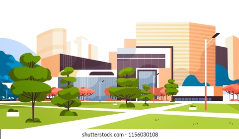 urban city park skyscraper buildings view modern cityscape downtown horizontal flat vector illustration