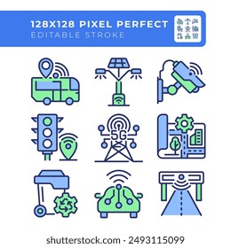 Urban city planning pixel perfect RGB color icons set. Smart transportation, street lighting. Isolated vector illustrations. Simple filled line drawings collection. Editable stroke