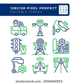 Urban city planning pixel perfect two color line icons set. Smart transportation system. Street lighting bicolor outline iconset isolated. Duotone pictograms thin linear. Editable stroke