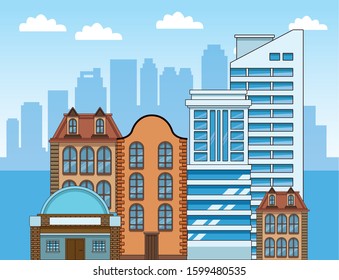 urban city scenery with classic and modern buildings, colorful design, vector illustration