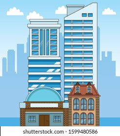 urban city scenery with classic and modern buildings, colorful design, vector illustration