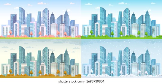 Urban city seasons. Spring town, summer, autumn urban panorama and cold winter cityscape vector background illustration set. City urban spring season, outdoor landscape summer