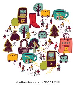 Urban City shopping street isolate on white. People on the street and shops. Color vector illustration. EPS8
