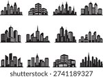 Urban city skyline building vector set with modern downtown architecture bundle, office towers, commercial buildings, cityscape design elements