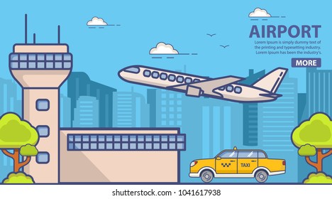 Urban city skyline landscape. Building facade terminal airport. Yellow taxi car cab. Towers skyscrapers.Flying jet passenger plane of airlines. Trees and bushes.Flat line art vector.