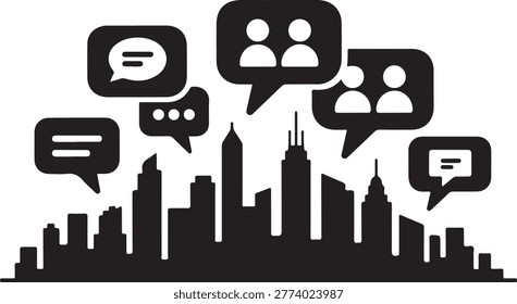 Urban city skyline with speech bubbles representing community conversation and public social media, balck icon silhouette vector
