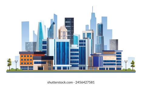 Urban city with skyscraper buildings vector illustration. Cityscape isolated on white background